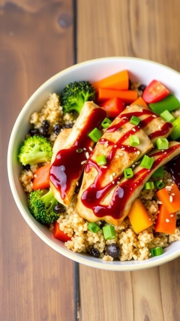 A quinoa chicken teriyaki bowl with colorful vegetables and chicken in teriyaki sauce, garnished with green onions and sesame seeds.